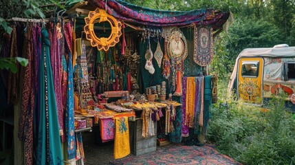A gypsy market stall selling vibrant fabrics, handmade jewelry, and intricate crafts. The stall is surrounded by greenery, with a caravan in the background.
