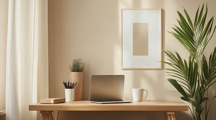 A minimalist office setup with a wooden desk, laptop, coffee cup, and a plant. The wall behind is painted a soft neutral color with a motivational quote framed.