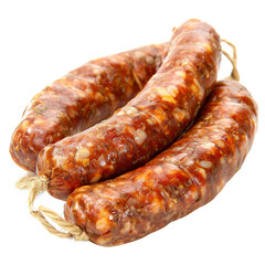Isolated Andouille Sausage Links with Natural Casings and Spices.