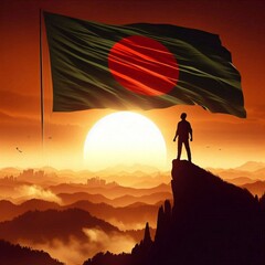 Illustration of a silhouette of an man silhouette with the flag of bangladesh high on a hill during sunset.