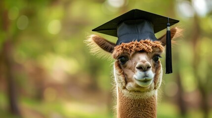 A happy llama sporting a graduation cap, set against a background of lush greenery, captures a mood of joyful celebration and success. Ideal for inspirational and humorous themes.