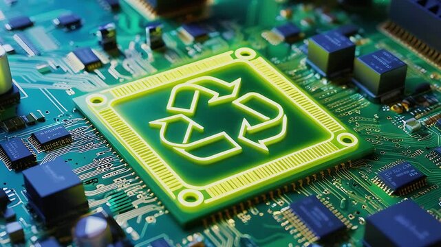 Zoomed-In Image of a Circuit Board with a Central Green Recycling Icon, Underscoring the Critical Role of Recycling and Sustainable Electronic Waste Handling
