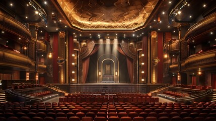 Obraz premium Luxurious auditorium with black leather chairs, bright lighting, sophisticated design, high-end finishes, elegant decor.