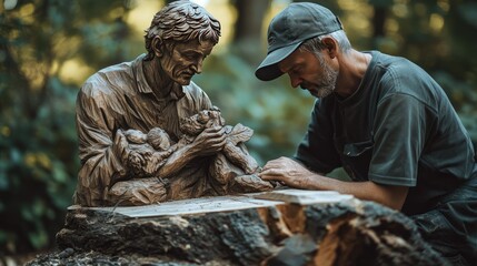A serene scene of a woodcarver working outdoors, surrounded by nature, carving a detailed figurine from a piece of tree trunk.