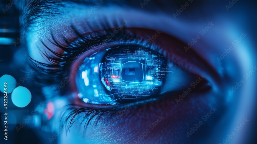 Poster a close-up of a cybernetic eye displaying digital data and technology in a futuristic setting