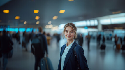 With a busy airport scene behind her, a young flight attendant's warm smile and professional demeanor ensure passengers feel comfortable and cared for.

