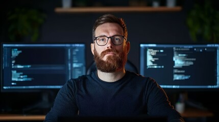 A focused programmer with glasses stands before dual monitors, coding in a modern workspace with a dark ambiance.
