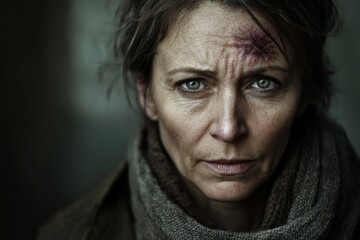 Obraz premium A close-up portrait of a woman with a forehead bruise, dirty face, and piercing blue eyes. Symbolizes struggle, resilience, and determination in a gritty background.