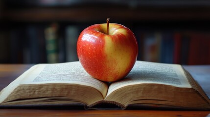 An artistic composition featuring a bitten apple resting on an open book, symbolizing knowledge and temptation, with a soft focus on the background.