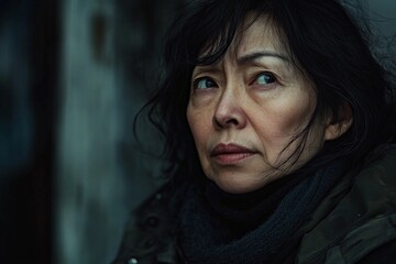 Fototapeta premium A middle-aged woman wearing dark clothing and with dark hair, looking anxious and contemplative, captured in an outdoor setting with a blurred background.
