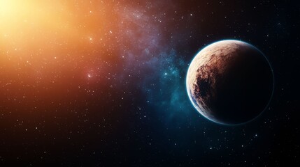 Obraz premium A stunning cosmic scene featuring a distant planet surrounded by swirling nebulae and glowing stars in deep space.