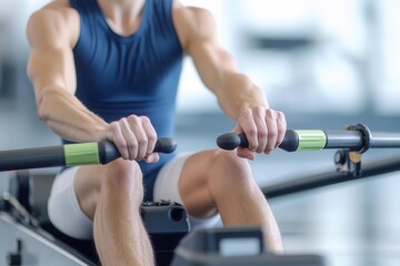Beginner s Rowing Class A close-up of a person s hands gripping the oars of a rowing machine, with their body slightly hunched forward, the face hidden by the motion and angle