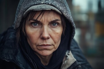 A woman with piercing blue eyes, wearing a hooded jacket, stares intently forward, her expression a mix of determination and quiet strength amidst a neutral backdrop.