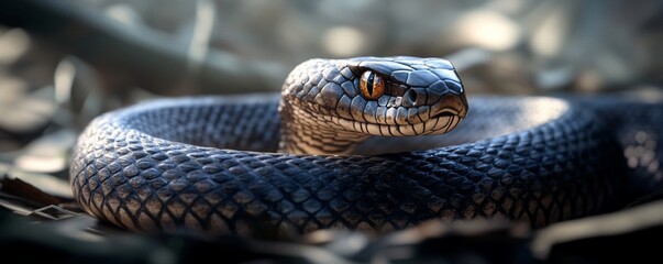 Black snake resting on the ground in the forest