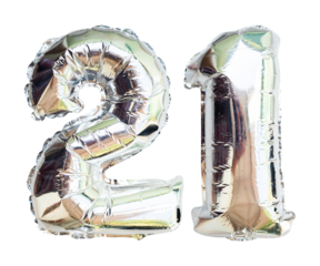 21 silver number balloons isolated