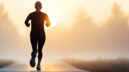 First Steps in Running A silhouette of a person jogging along a foggy path in the early morning, their back turned to the viewer, with their running shoes kicking up light mist