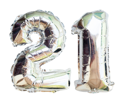 21 silver number balloons isolated
