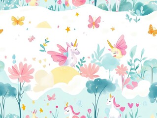 Obraz premium seamless pattern, Kawaii enchanted garden with magical creatures like fairies