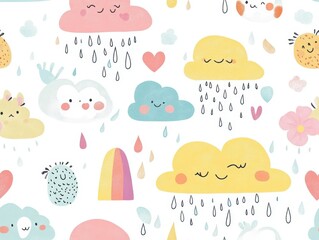 seamless pattern, Playful kawaii rainclouds showering heart-shaped raindrops on smiling flowers and adorable critters