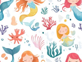 seamless pattern, Kawaii mermaids with shimmering tails and friendly faces