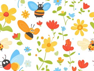 seamless pattern, Cheerful kawaii insects including ladybugs