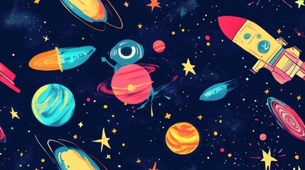 seamless pattern, Kawaii spaceship crew with cute aliens and robotic companions