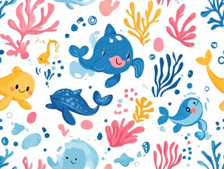 seamless pattern, Kawaii underwater kingdom with smiling sea creatures like dolphins