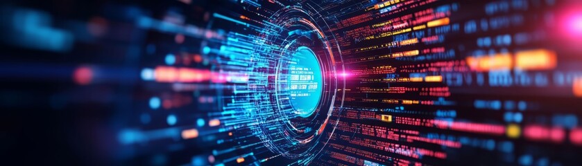 Obraz premium Futuristic digital tunnel with vibrant lights and data streams, representing advanced technology and innovation.