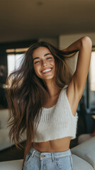 Fototapeta premium A young woman with long, wavy hair and a bright smile, wearing a white knitted crop top and blue jeans, posing confidently indoors with her hand in her hair.