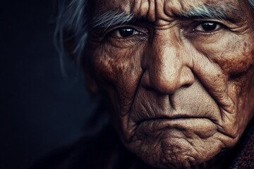 Obraz premium A striking dramatic portrait showcasing an individual with white, tousled hair against a dark background, highlighting the strong contrast and intricate details of the subject.