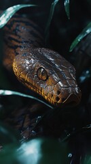 Boa constrictor snake hiding in the grass waiting to strike