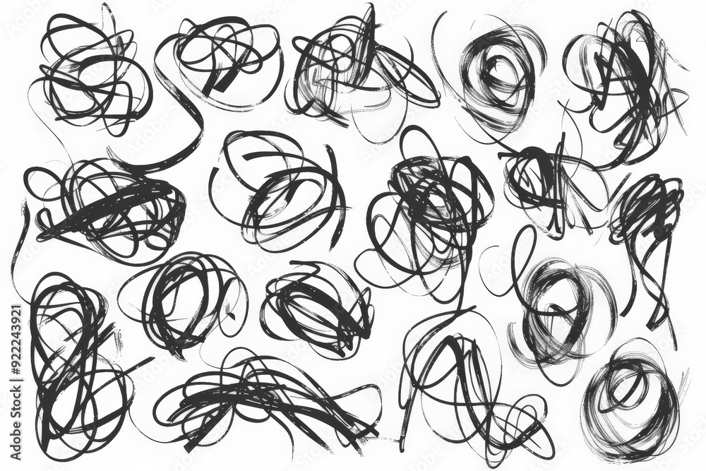 Poster a set of abstract black and white scribbles, representing chaotic thought processes, raw emotions, a
