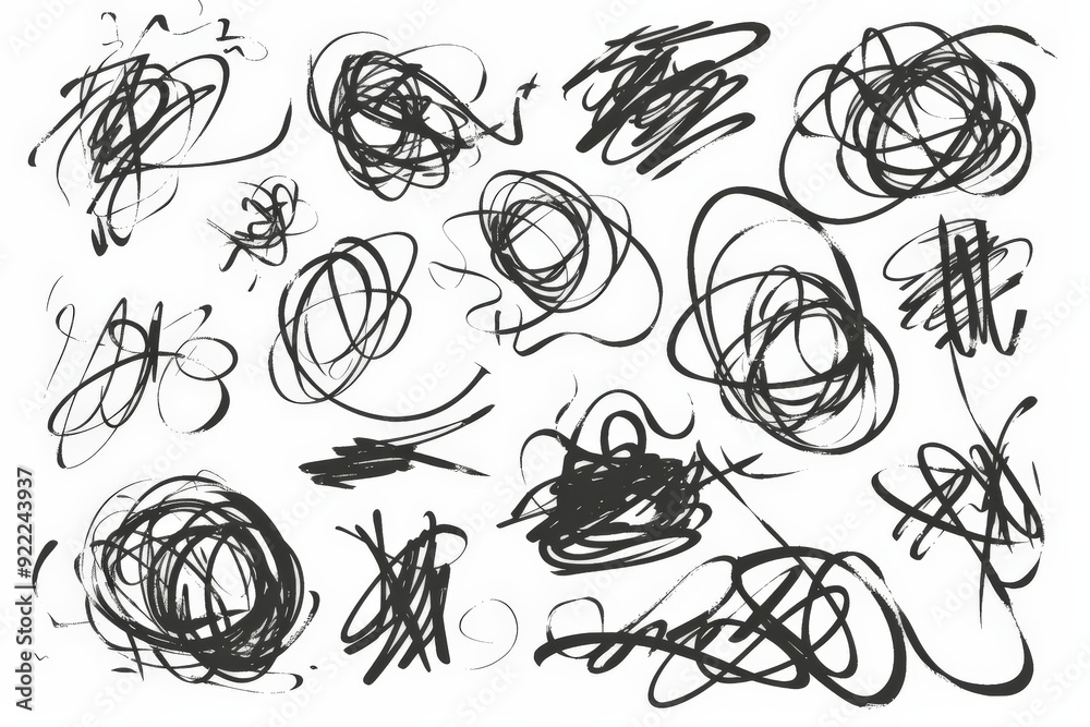 Poster an intriguing set of abstract black and white scribbles, evoking the essence of chaotic artistry and
