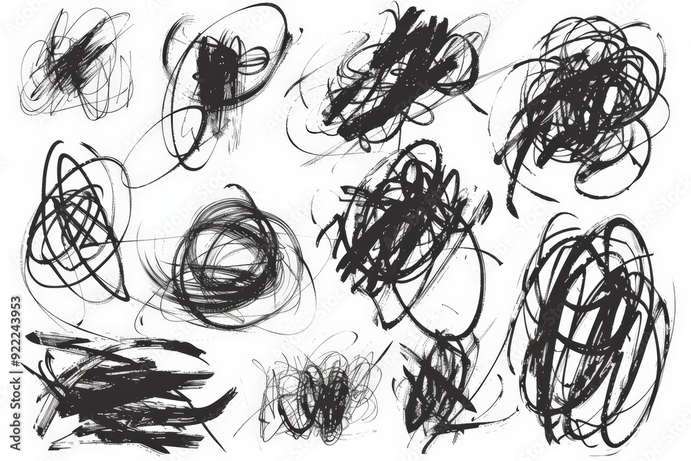 Aufkleber This image showcases dynamic black and white abstract scribbles, presenting an intense visual of unfiltered creative thoughts and raw emotions, echoed through artistic complexity.