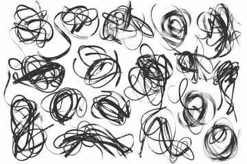 A set of abstract black and white scribbles, representing chaotic thought processes, raw emotions, and the intricacies of human creativity, showcasing unfiltered artistic expression.