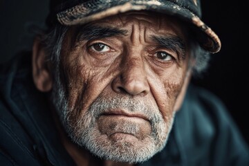 A thoughtful close-up portrait of an older man wearing a cap, his face showing the passage of time and deep contemplation, captured in exquisite detail and emotion.