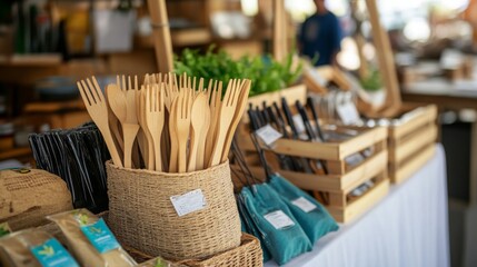 Wooden forks and kitchen items arranged neatly at a market booth, promoting sustainable dining and eco-friendly practices.