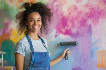 Smiling woman in a colorful apron painting a wall with a roller, surrounded by a vibrant, abstract background, embodying creativity and joyful expression in home decoration.