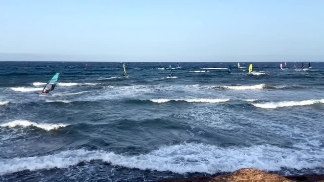 El Medano bay with many windsurfers and kitesurfers in Tenerife, Canary Islands, Spain,4K