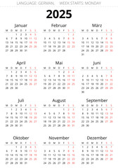 2025 vertical german calendar. Printable vector illustration for Germany