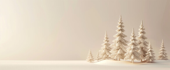 Snow landscape with trees and hills, light cream white background, winter scene, Christmas decoration, simple design, flat illustration, minimalist design banner in pastel beige color
