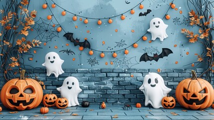 Halloween Decorations with Pumpkins, Ghosts, and Bats on a Brick Wall