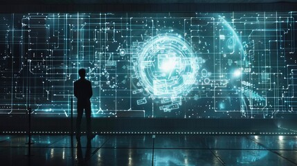 A quantum computer simulation displayed on a large screen, with a scientist analyzing the results, showcasing the importance of simulations in quantum research.