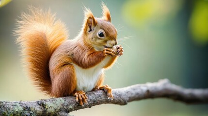 Obraz premium A Cute Red Squirrel Eating a Nut on a Branch