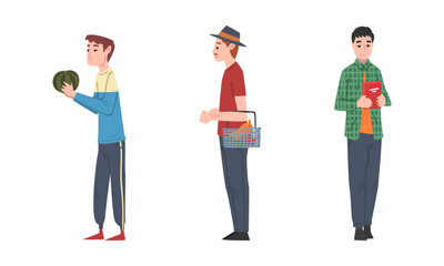 Obraz premium People shopping for groceries in supermarket set cartoon vector illustration