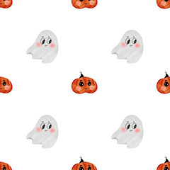 Halloween cute pattern. Hand drawn seamless illustration on isolated white background. Clip art of kawaii ghost and pumpkin. Perfect for textile printing and Halloween wrapping paper.