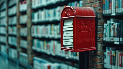 A vibrant red mailbox brimming with letters stands amidst shelves filled with colorful children's toys in a cozy post office setting