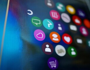 Social media icons on a screen, representing online interaction, digital communication, and social networking.