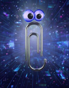 Whimsical Paperclip Character with Googly Eyes in a Digital Domain