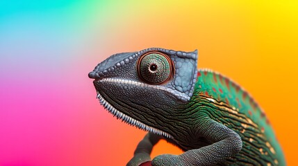 Fototapeta premium Colorful chameleon on a vibrant gradient background, showcasing detailed scales and captivating eyes.